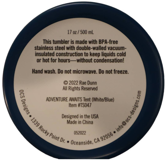 Rae Dunn ADVENTURE AWAITS Camping Tent Blue Stainless Steel Tumbler 17oz - Picture 3 of 3